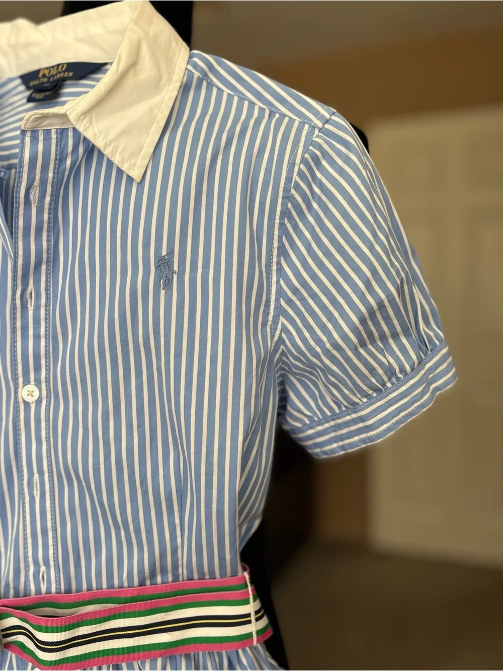 Polo by Ralph Lauren Blue & White Stripe Shirt Dress with Contrast Collar
